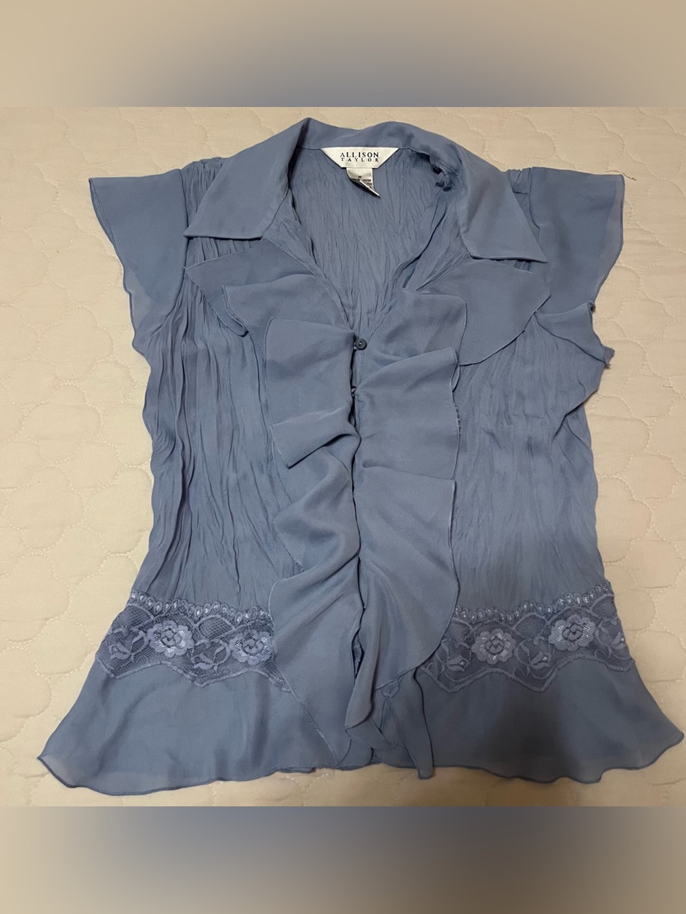 Vintage 90s Y2K Allison Taylor Soft Dusty Blue Textured Ruffle Blouse Lace Trim